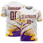 Uniform Sublimation Custom Weiß Jersey Splash Lila-Gold Fragment Fußball Kunst Abstrakt Uniform Sublimation Custom Weiß Jersey Splash Lila-Gold Fragment Fußball Kunst Abstrakt