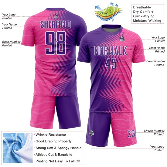 Uniform Rosa Sublimation Fußball Jersey Custom Gradient Lila-Weiß Pfeil Uniform Rosa Sublimation Fußball Jersey Custom Gradient Lila-Weiß Pfeil
