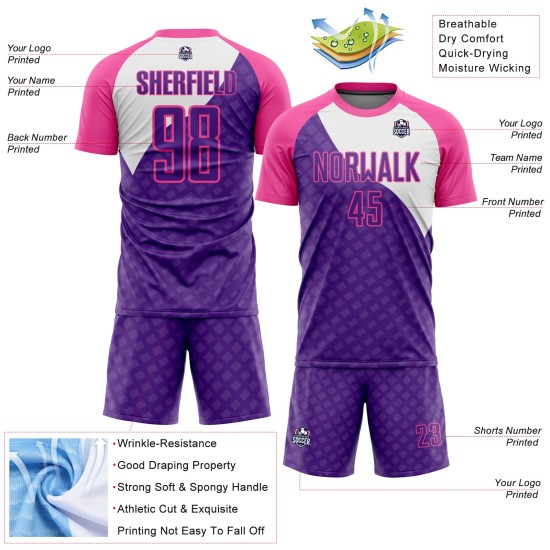 Uniform Linien Fußball Custom Jersey Rosa-Weiß Lila Kurve Sublimation Uniform Linien Fußball Custom Jersey Rosa-Weiß Lila Kurve Sublimation