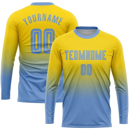 Uniform Fade Sleeve Lange Custom Blau Fußball Licht Jersey Mode Gold Sublimation Uniform Fade Sleeve Lange Custom Blau Fußball Licht Jersey Mode Gold Sublimation