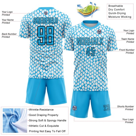 Schwarz-Weiß Uniform Fußball Haut Blau Himmel Sublimation Schlange Jersey Custom Schwarz-Weiß Uniform Fußball Haut Blau Himmel Sublimation Schlange Jersey Custom