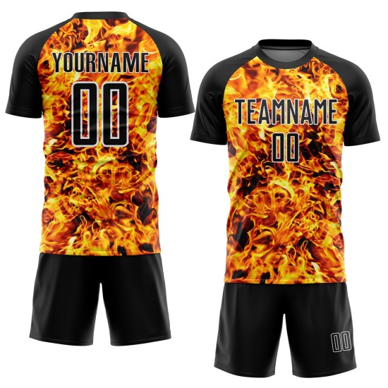 Uniform Fußballtrikot Weiß Flamme Schwarz Sublimation Custom Uniform Fußballtrikot Weiß Flamme Schwarz Sublimation Custom