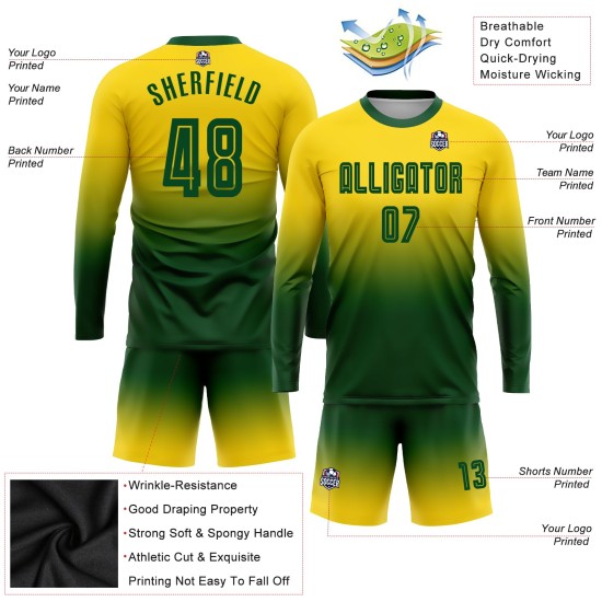 Sublimation Custom Fade Uniform Lange Mode Jersey Gold Ärmel Fußball Grün Sublimation Custom Fade Uniform Lange Mode Jersey Gold Ärmel Fußball Grün