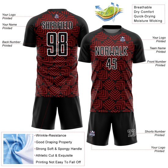 Geometrische Uniform Sublimation Rot-Weiß Schwarz Fußball Abstrakte Formen Custom Jersey Geometrische Uniform Sublimation Rot-Weiß Schwarz Fußball Abstrakte Formen Custom Jersey