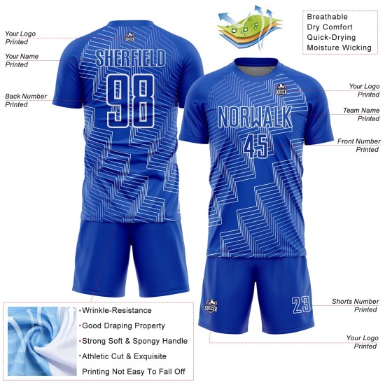 Blaue Uniform Weiß Benutzerdefinierte Form Sublimation Zickzack Jersey Soccer Thunder
