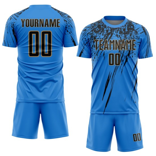Benutzerdefinierte Sublimation Fußballuniform Pulver Gold Jersey Blau Schwarz-Alt