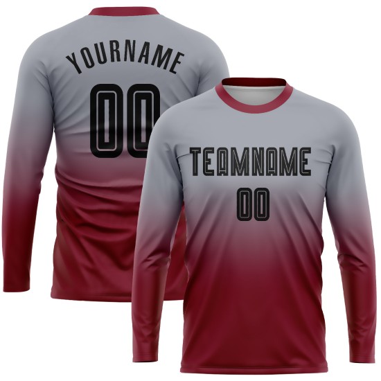 Benutzerdefinierte Uniform Ärmel Fußball Long Fade Jersey Mode Grau Schwarz-Crimson Sublimation