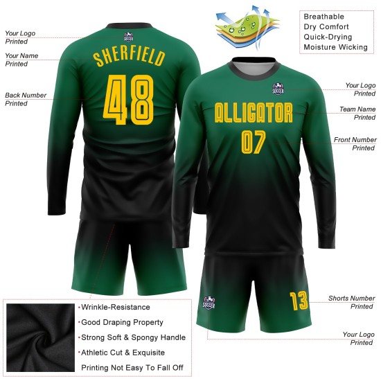 Fade Jersey Custom Fußball Lange Gold-Schwarz Sublimation Grün Mode Uniform Ärmel Kelly