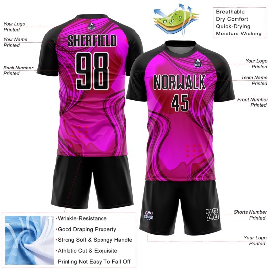 Jersey Custom Schwarz-Weiß Fußball Sublimation Hot Pink Uniform Wellen Jersey Custom Schwarz-Weiß Fußball Sublimation Hot Pink Uniform Wellen