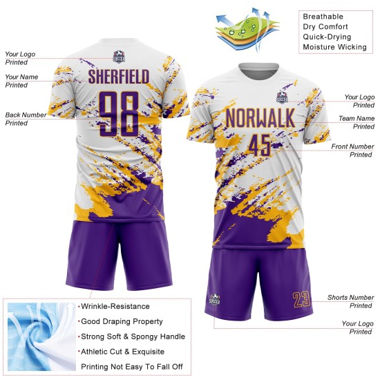 Uniform Sublimation Custom Weiß Jersey Splash Lila-Gold Fragment Fußball Kunst Abstrakt Uniform Sublimation Custom Weiß Jersey Splash Lila-Gold Fragment Fußball Kunst Abstrakt
