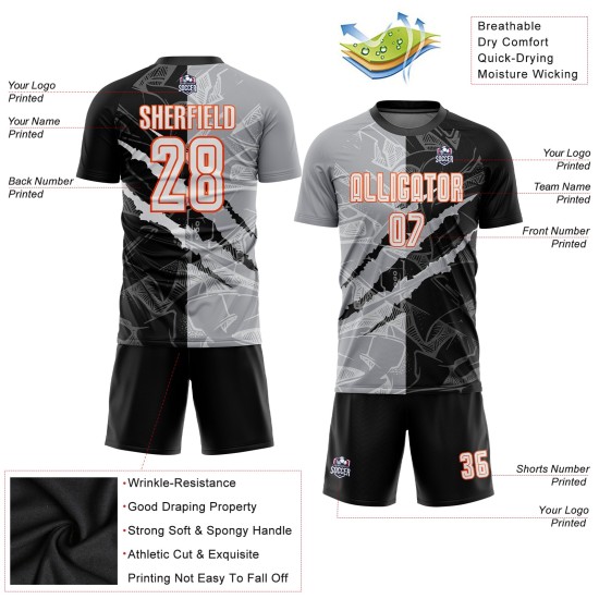 Weiß Fußball Muster Jersey Sublimation Grau-Orange Scratch Custom Graffiti Uniform Schwarz Weiß Fußball Muster Jersey Sublimation Grau-Orange Scratch Custom Graffiti Uniform Schwarz