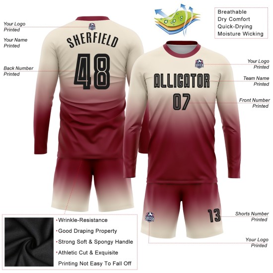 Mode Uniform Fußball Custom Long Fade Creme Schwarz-Crimson Ärmel Jersey Sublimation Mode Uniform Fußball Custom Long Fade Creme Schwarz-Crimson Ärmel Jersey Sublimation