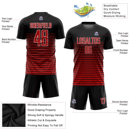 Schwarz-Rot-Weiß-Trikot Sublimation Custom Fußballuniform Schwarz-Rot-Weiß-Trikot Sublimation Custom Fußballuniform
