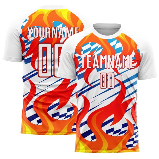 Uniform Weiß Trikot Sublimation Fußball Flamme Custom Rot-Gold