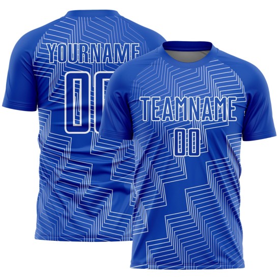 Blaue Uniform Weiß Benutzerdefinierte Form Sublimation Zickzack Jersey Soccer Thunder