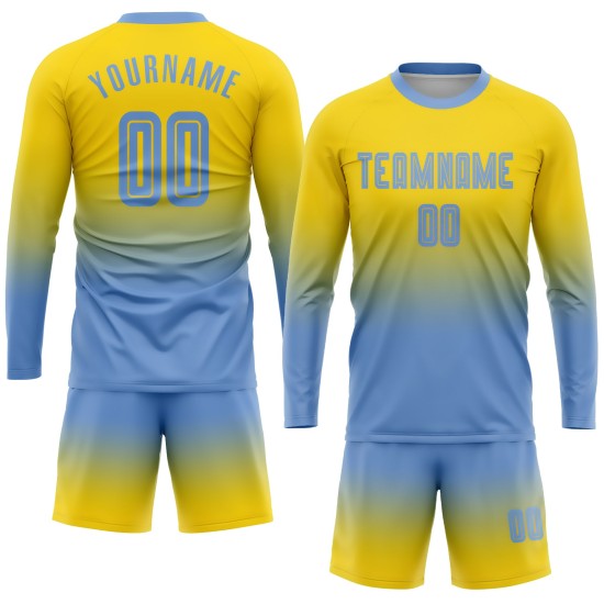 Uniform Fade Sleeve Lange Custom Blau Fußball Licht Jersey Mode Gold Sublimation Uniform Fade Sleeve Lange Custom Blau Fußball Licht Jersey Mode Gold Sublimation