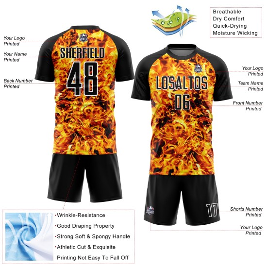 Uniform Fußballtrikot Weiß Flamme Schwarz Sublimation Custom Uniform Fußballtrikot Weiß Flamme Schwarz Sublimation Custom