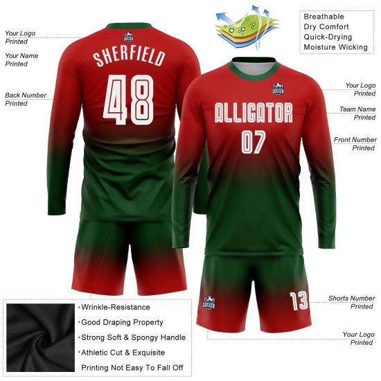 Sublimation Uniform Rot Fußball Verblassen Weiß-Grün Benutzerdefinierte Lange Jersey Sublimation Uniform Rot Fußball Verblassen Weiß-Grün Benutzerdefinierte Lange Jersey