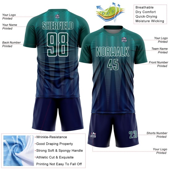 Fußballtrikot Uniform Gradient Line Sublimation Neon Navy-Weiß Custom Grün Fußballtrikot Uniform Gradient Line Sublimation Neon Navy-Weiß Custom Grün