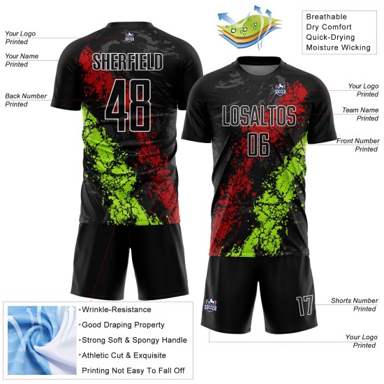 Jersey Sublimation Splatter Art Schwarz Uniform Tropfend Grün Rot-Neon Fußball Custom Jersey Sublimation Splatter Art Schwarz Uniform Tropfend Grün Rot-Neon Fußball Custom