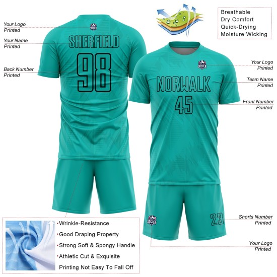 Aqua Fußball Jersey Custom Schwarz Formen Geometrische Uniform Sublimation Aqua Fußball Jersey Custom Schwarz Formen Geometrische Uniform Sublimation