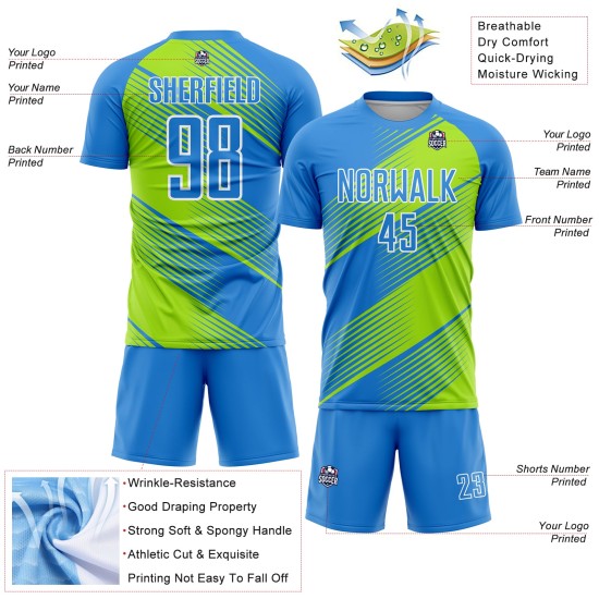 Sublimation Uniform Grün-Weiß Fußball Neon Powder Line Trikot Blau Custom Sublimation Uniform Grün-Weiß Fußball Neon Powder Line Trikot Blau Custom