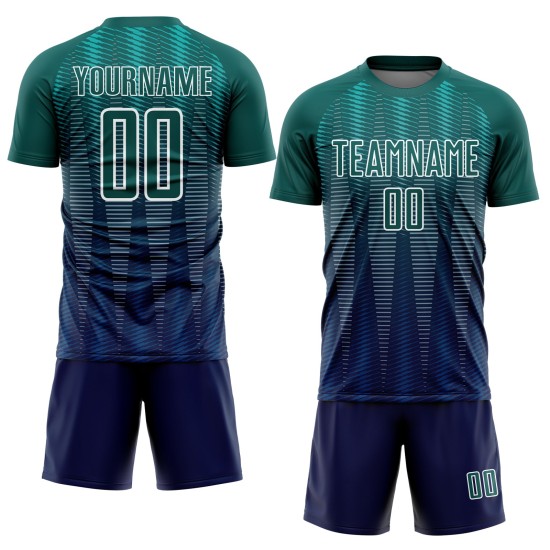 Fußballtrikot Uniform Gradient Line Sublimation Neon Navy-Weiß Custom Grün Fußballtrikot Uniform Gradient Line Sublimation Neon Navy-Weiß Custom Grün
