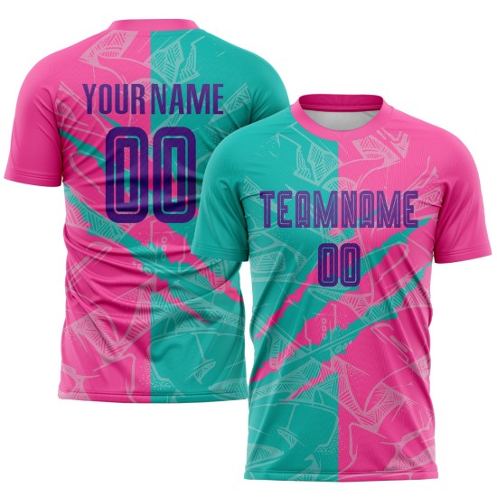 Jersey Fußball Benutzerdefinierte Lila Muster Graffiti Uniform Sublimation Scratch Teal-Pink