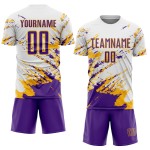 Uniform Sublimation Custom Weiß Jersey Splash Lila-Gold Fragment Fußball Kunst Abstrakt Uniform Sublimation Custom Weiß Jersey Splash Lila-Gold Fragment Fußball Kunst Abstrakt