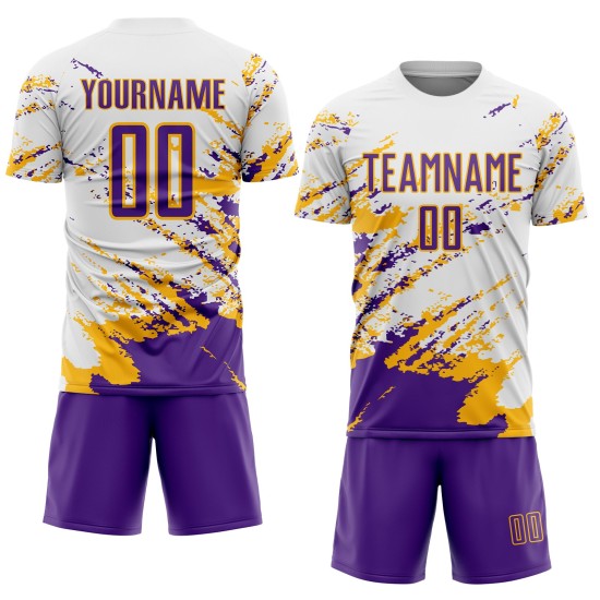 Uniform Sublimation Custom Weiß Jersey Splash Lila-Gold Fragment Fußball Kunst Abstrakt Uniform Sublimation Custom Weiß Jersey Splash Lila-Gold Fragment Fußball Kunst Abstrakt
