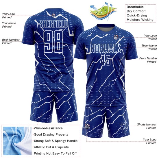 Sublimation Fußball Lightning Royal Trikot Uniform Custom Weiß Sublimation Fußball Lightning Royal Trikot Uniform Custom Weiß