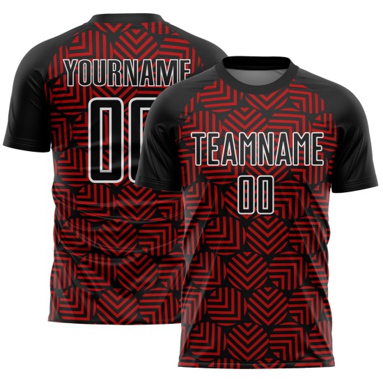 Geometrische Uniform Sublimation Rot-Weiß Schwarz Fußball Abstrakte Formen Custom Jersey Geometrische Uniform Sublimation Rot-Weiß Schwarz Fußball Abstrakte Formen Custom Jersey