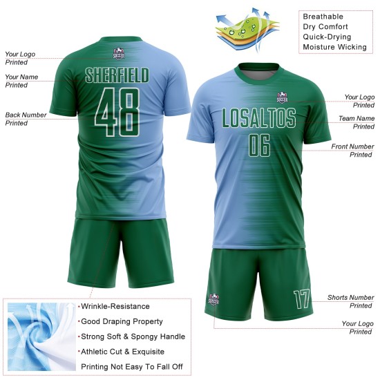 Linie Sublimation Uniform Blau-Weiß Grün Licht Kelly Fußball Custom Gradienten Jersey Linie Sublimation Uniform Blau-Weiß Grün Licht Kelly Fußball Custom Gradienten Jersey