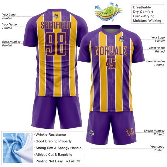Fußball Sublimation Jersey Custom Gold-Weiß Uniform Streifen Lila Fußball Sublimation Jersey Custom Gold-Weiß Uniform Streifen Lila
