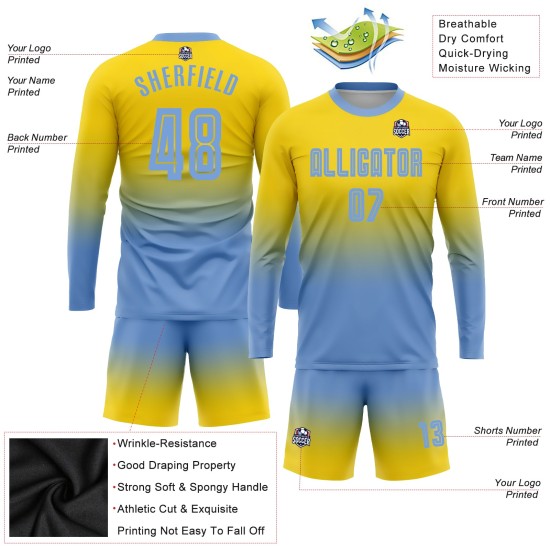 Uniform Fade Sleeve Lange Custom Blau Fußball Licht Jersey Mode Gold Sublimation Uniform Fade Sleeve Lange Custom Blau Fußball Licht Jersey Mode Gold Sublimation