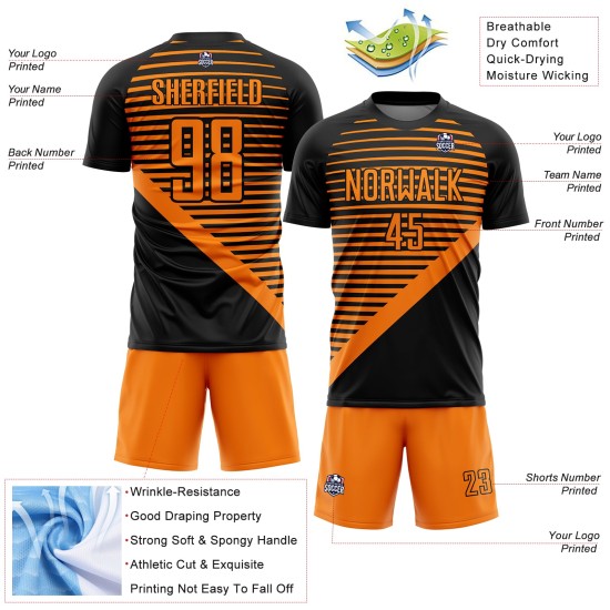 Schwarz Custom Uniform Sublimation Fußball Streifen Jersey Bay Orange Schwarz Custom Uniform Sublimation Fußball Streifen Jersey Bay Orange