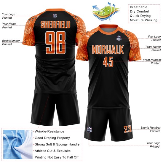 Custom Bay Fußballuniform Sublimationstrikot Orange-Weiß Afrikanisches Muster Schwarz Custom Bay Fußballuniform Sublimationstrikot Orange-Weiß Afrikanisches Muster Schwarz