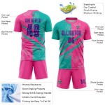 Jersey Fußball Benutzerdefinierte Lila Muster Graffiti Uniform Sublimation Scratch Teal-Pink
