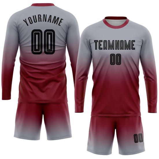 Benutzerdefinierte Uniform Ärmel Fußball Long Fade Jersey Mode Grau Schwarz-Crimson Sublimation