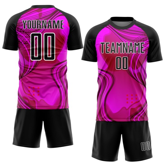Jersey Custom Schwarz-Weiß Fußball Sublimation Hot Pink Uniform Wellen Jersey Custom Schwarz-Weiß Fußball Sublimation Hot Pink Uniform Wellen