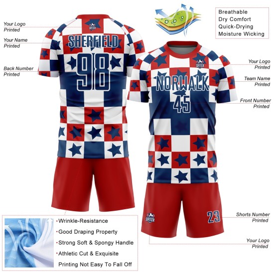 Uniform Rot-Weiß Custom Jersey Royal Soccer Sublimation Quadrate Sterne Und Uniform Rot-Weiß Custom Jersey Royal Soccer Sublimation Quadrate Sterne Und